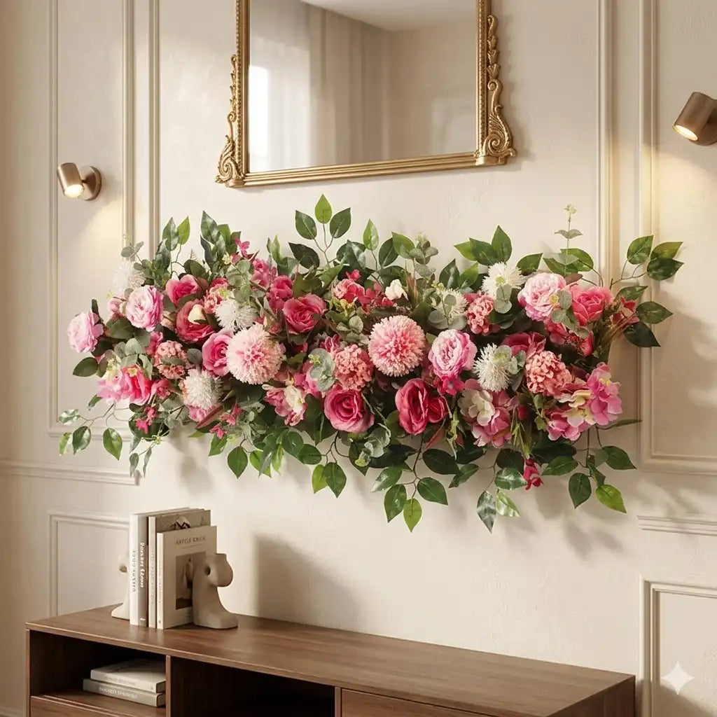 Floral arrangement on a wall above a wooden console table with a mirror and light fixture in the background.