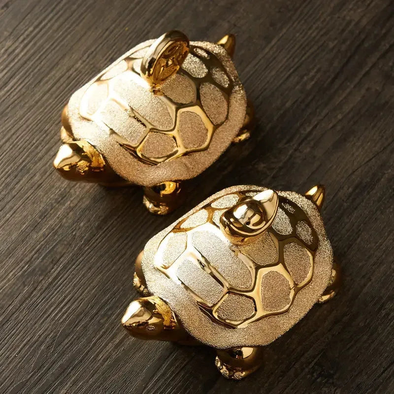 Gold-Plated Ceramic Fortune Turtle Lucky Money Figurine for Home & Office - Style A