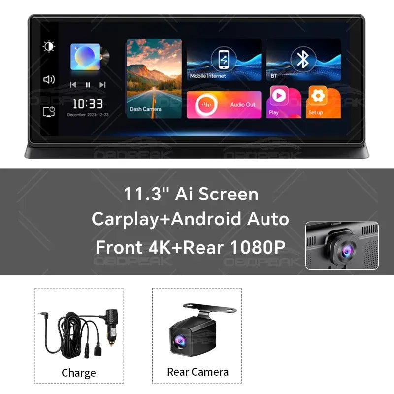 11.3" 4K Dual Lens Car DVR Dash Cam with Wireless CarPlay & Android Auto, GPS, 5G WiFi, FM & AUX