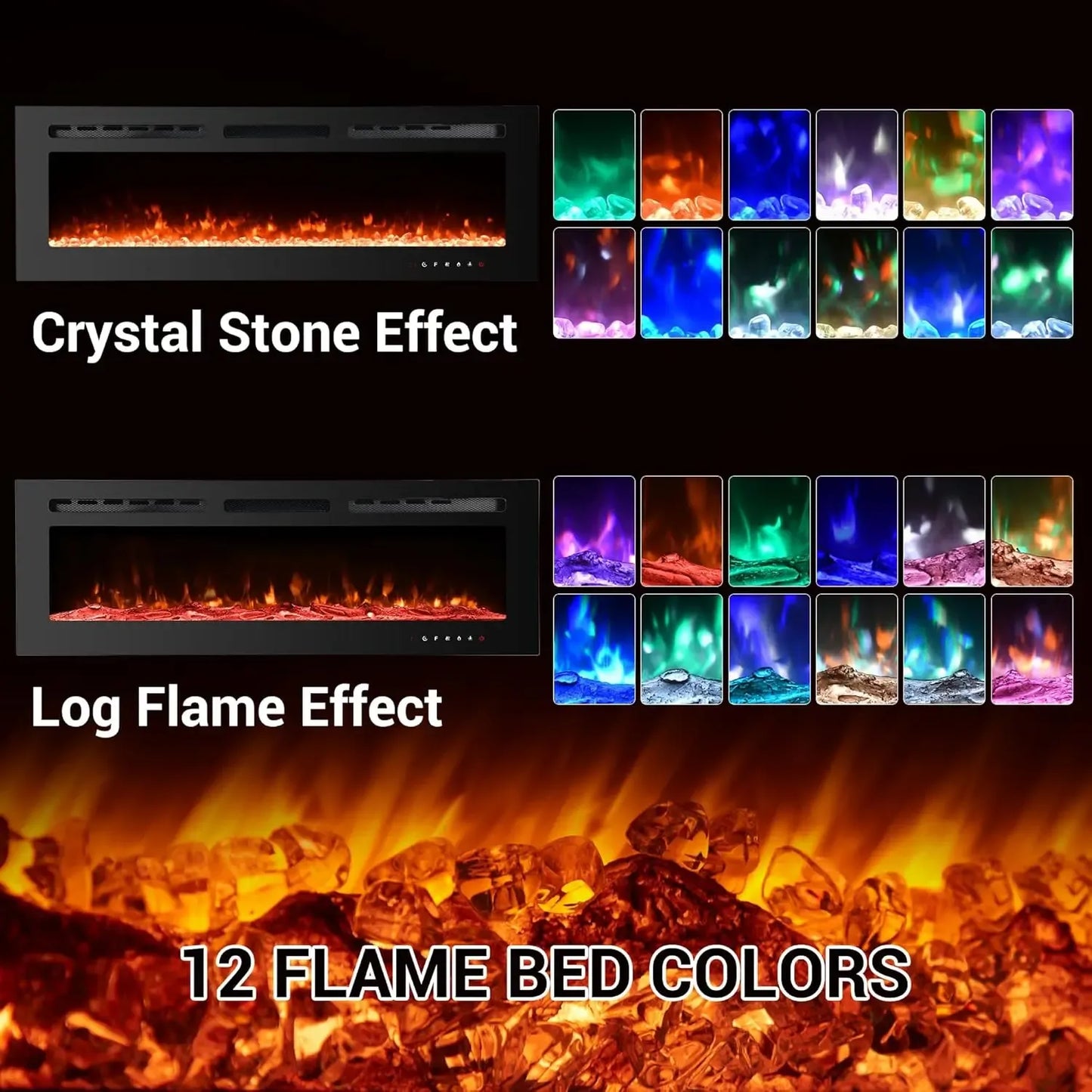 Ultra-Thin Wall Mounted Electric Fireplace | 12-Color Flame, Dimmable & Remote/Touch Control Heater