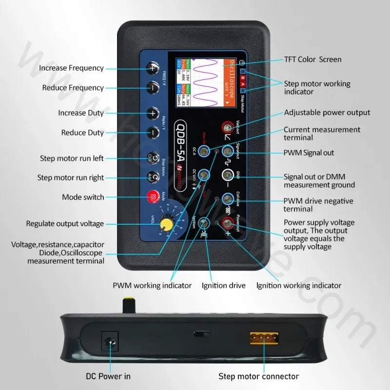 QDB-5A Automotive Actuator Tester with Oscilloscope, Multimeter, PWM Signal Generator & Ignition Coil Driver