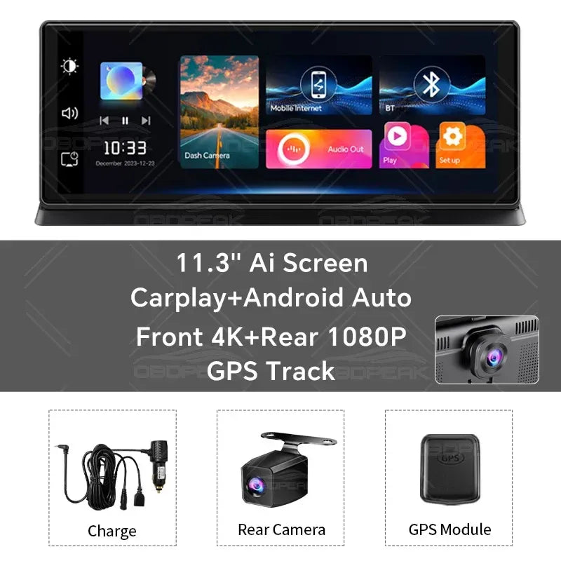 11.3" 4K Dual Lens Car DVR Dash Cam with Wireless CarPlay & Android Auto, GPS, 5G WiFi, FM & AUX