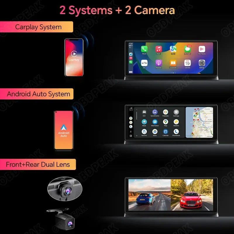 11.3" 4K Dual Lens Car DVR Dash Cam with Wireless CarPlay & Android Auto, GPS, 5G WiFi, FM & AUX