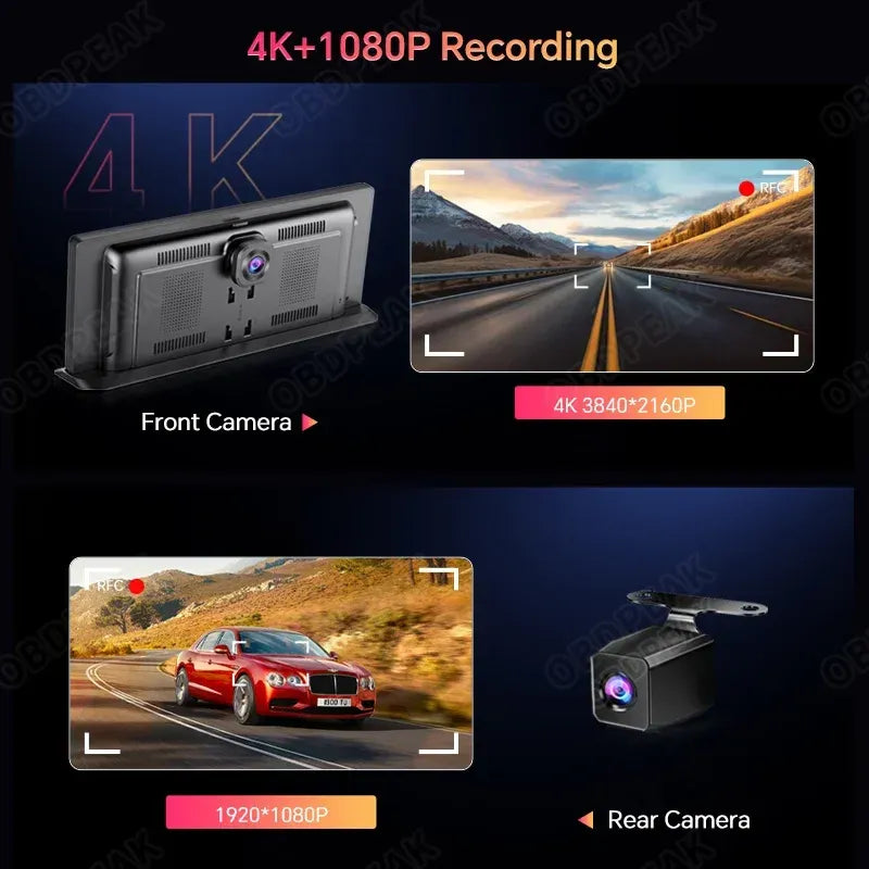 11.3" 4K Dual Lens Car DVR Dash Cam with Wireless CarPlay & Android Auto, GPS, 5G WiFi, FM & AUX