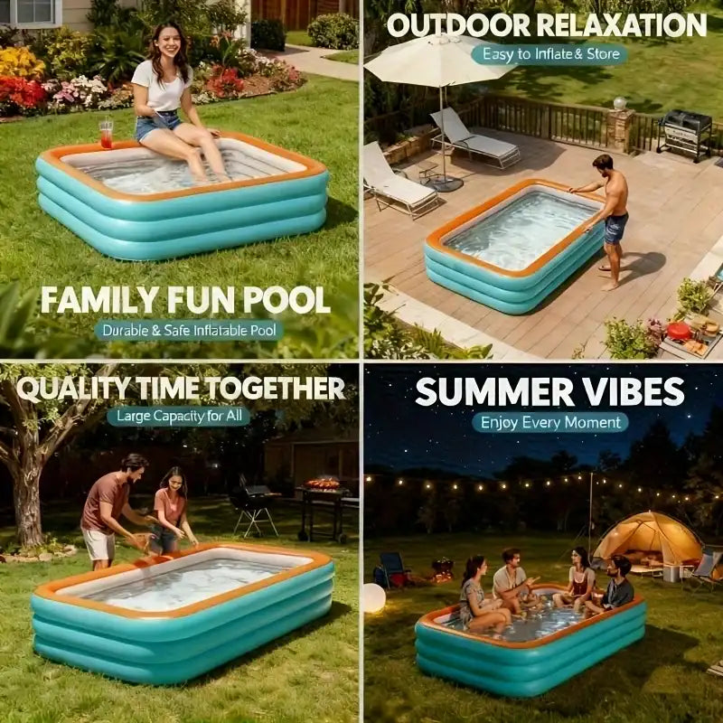 Inflatable pool used outdoors with text highlighting family fun, relaxation, and summer vibes.
