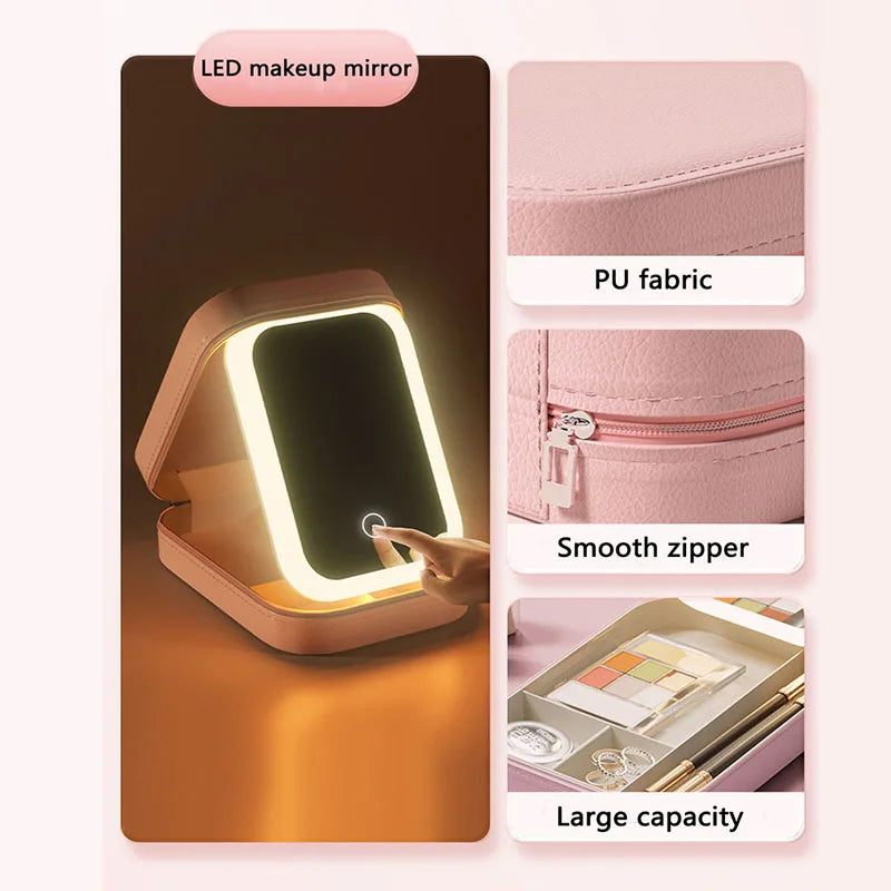LED makeup mirror with features highlighted on a white background