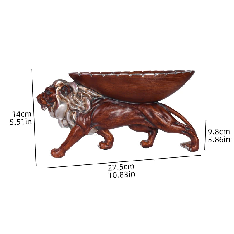 Lion Storage Sculpture – Wood-Finish Resin Decorative Tray