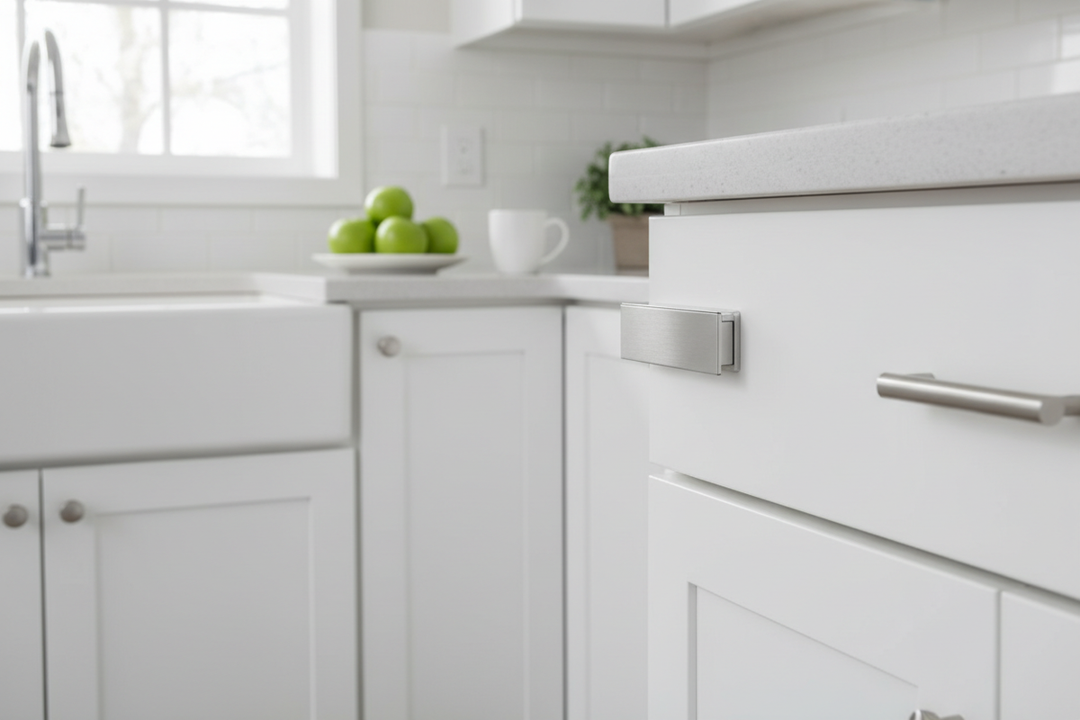 Ultra-thin magnetic door stopper installed on a kitchen cabinet door keeping it firmly closed showing 3mm slim profile