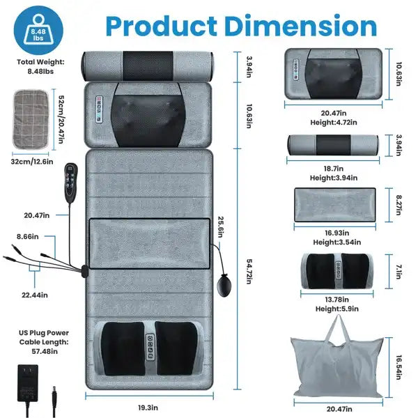Massage mat with dimensions and product details on a white background