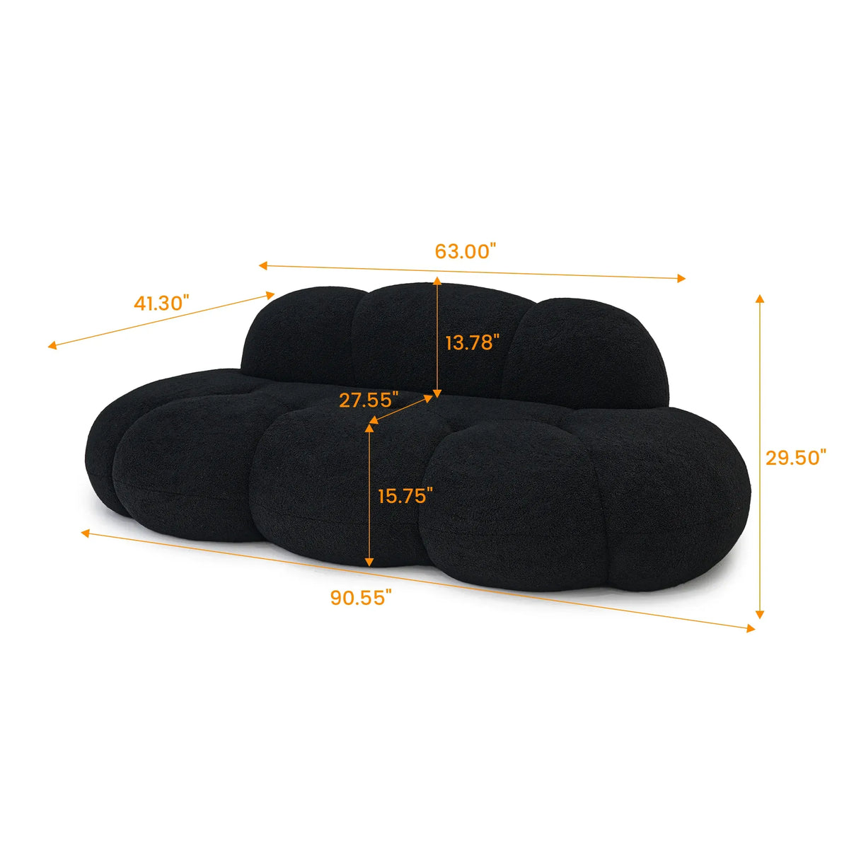 Black cloud-shaped pillow with measurements on a white background