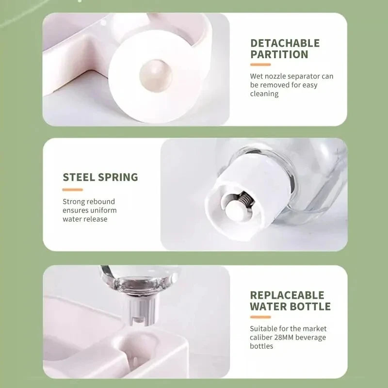 Product features with detachable partition, steel spring, and replaceable water bottle on a green background.