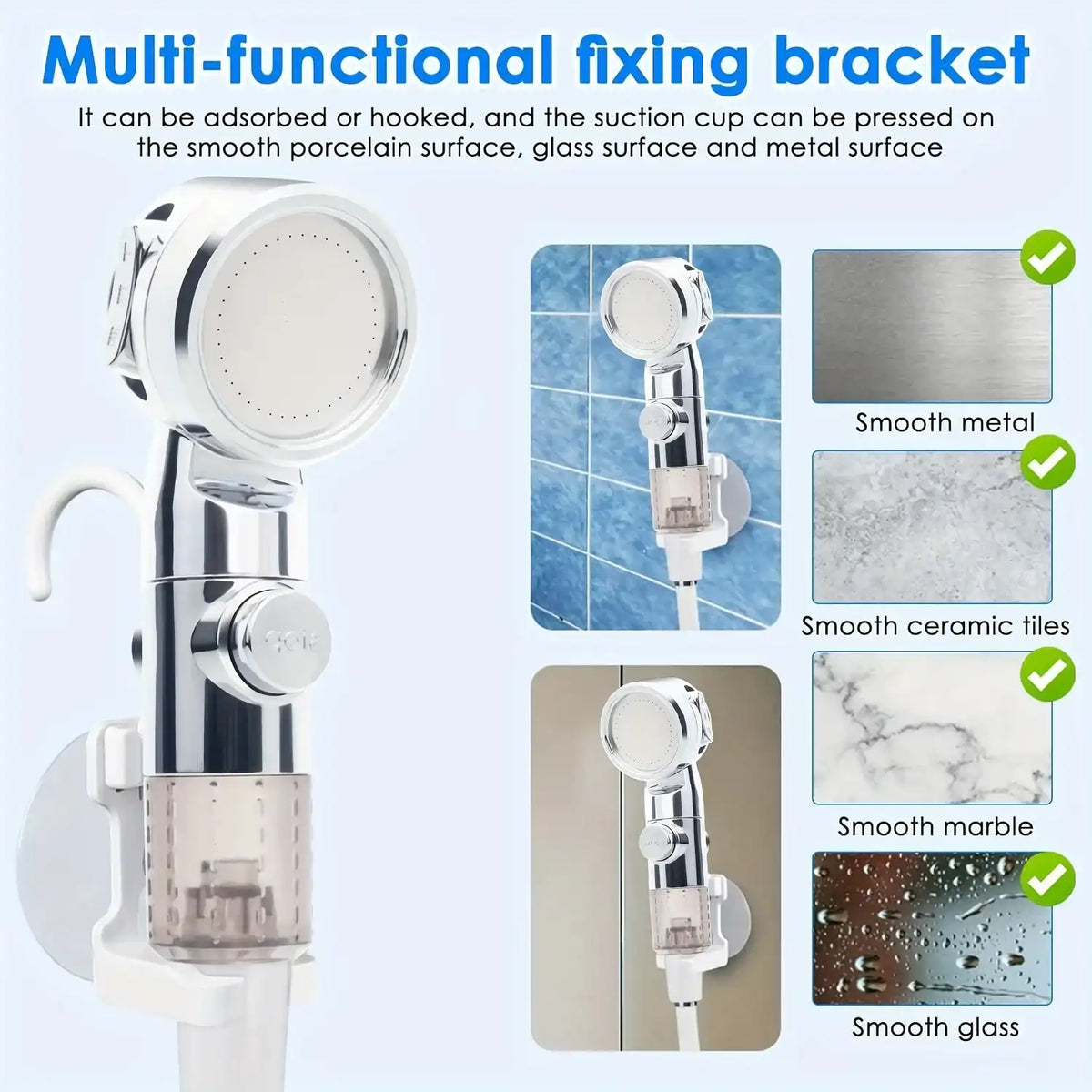 Multi-functional fixing bracket with suction cup for various surfaces on a white background