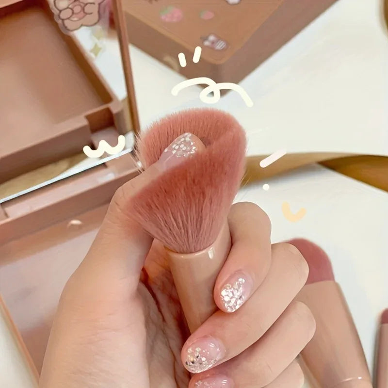 5Pcs Portable Makeup Brush Set Mini Travel Kit with Mirror & Foldable Case - Pink