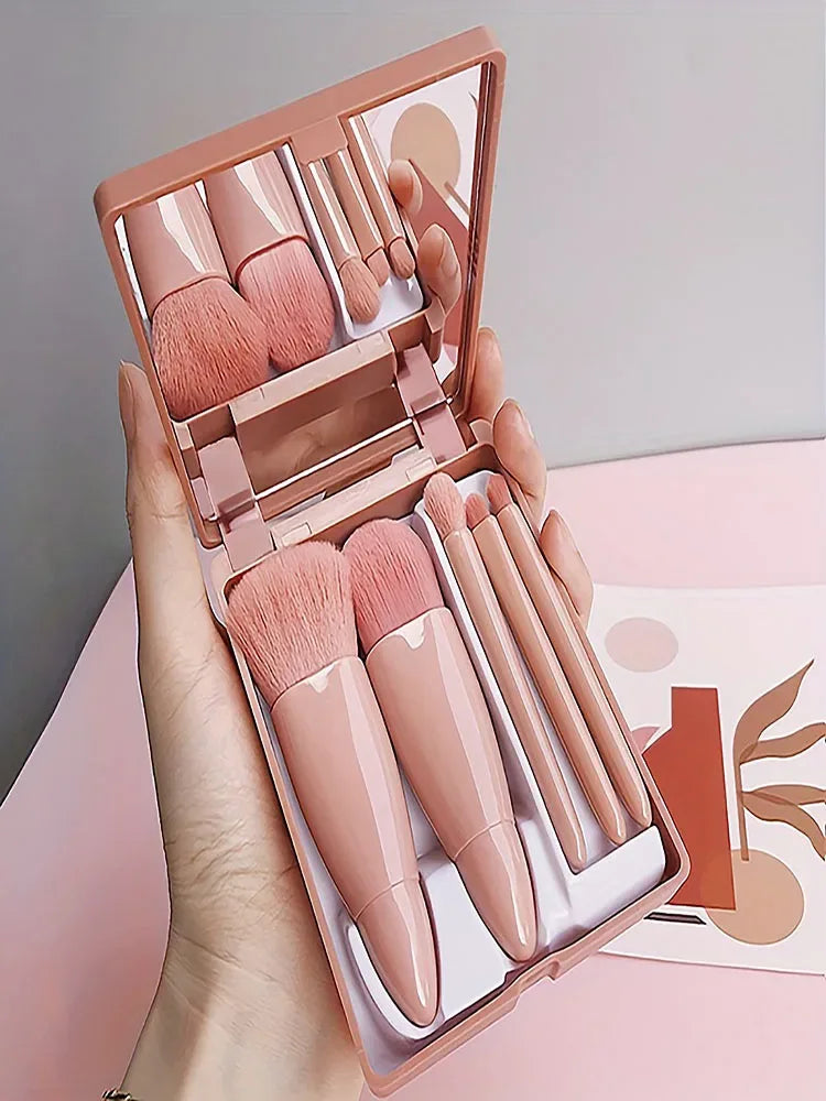 5Pcs Portable Makeup Brush Set Mini Travel Kit with Mirror & Foldable Case - Pink