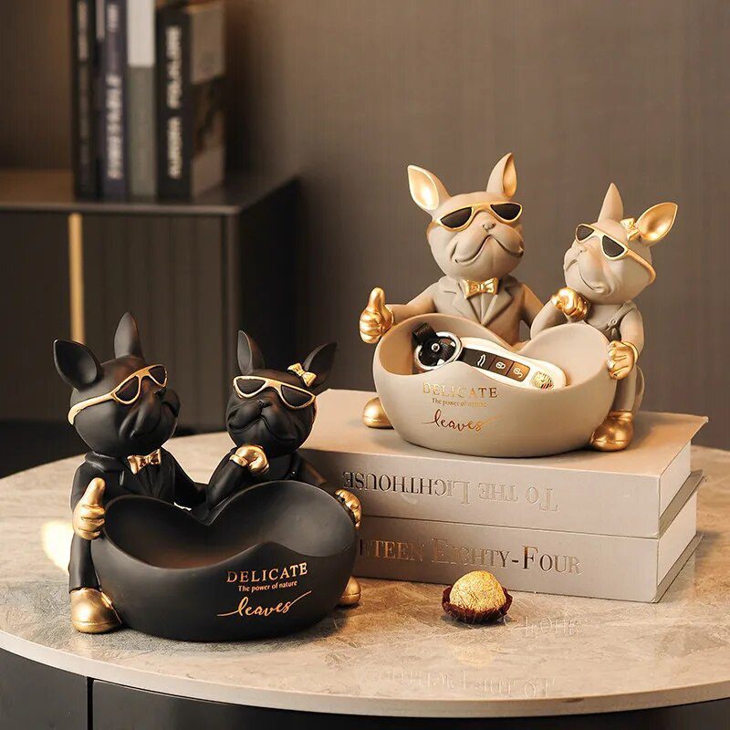 Lovers Bulldog Statue with Bowl Storage Box For Keys Jewelry