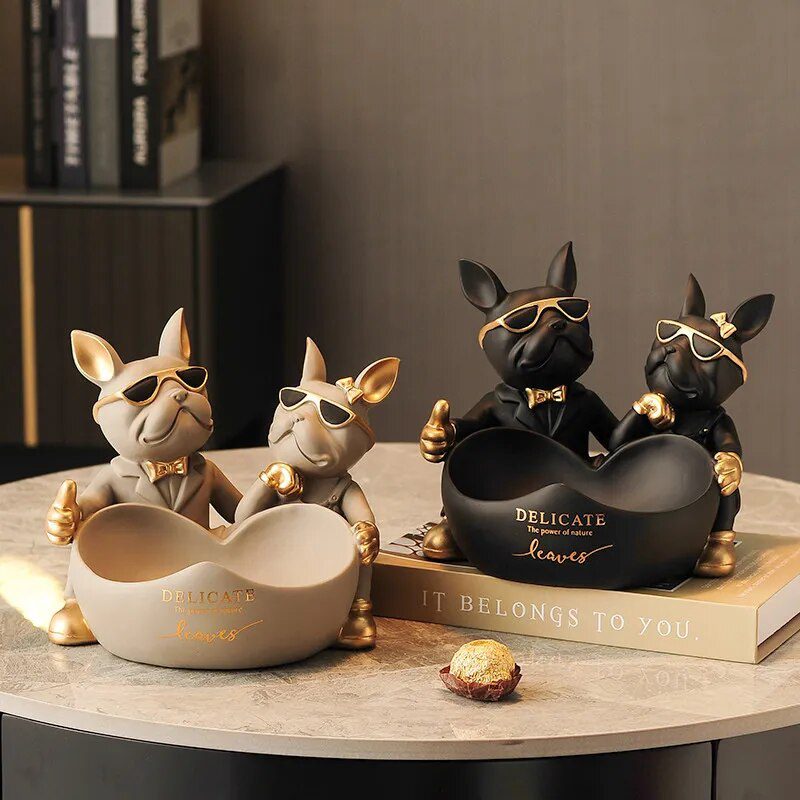 Lovers Bulldog Statue with Bowl Storage Box For Keys Jewelry