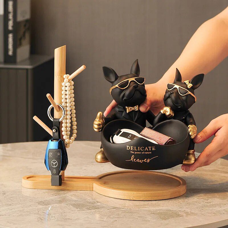 Lovers Bulldog Statue with Bowl Storage Box For Keys Jewelry