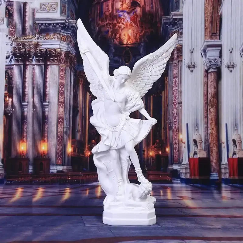 Archangel Saint Michael Statue – Angel Warrior Defeating Demon Resin Sculpture - Colourful