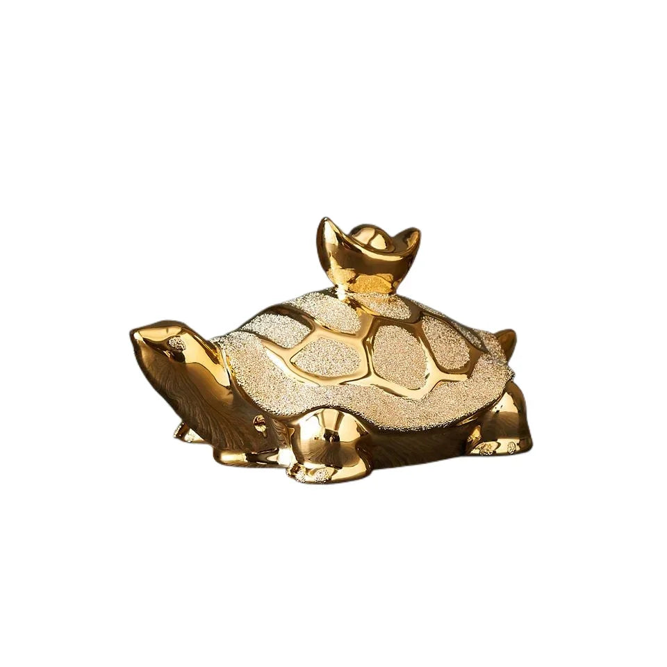 Gold-Plated Ceramic Fortune Turtle Lucky Money Figurine for Home & Office
