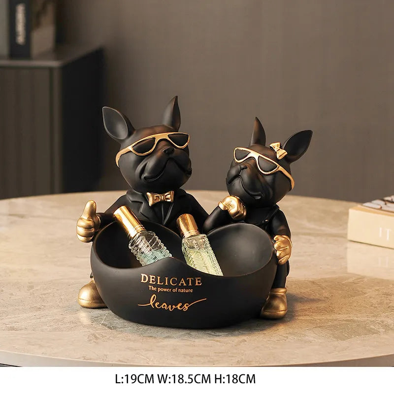 Lovers Bulldog Statue with Bowl Storage Box For Keys Jewelry