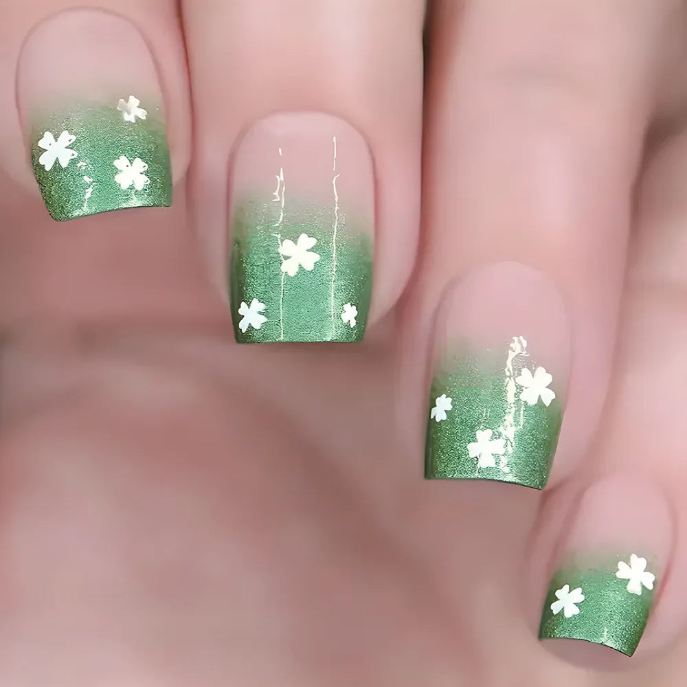 24pcs Spring Flower & Butterfly Press-On Nails Short Square French Tips - Ninjanew