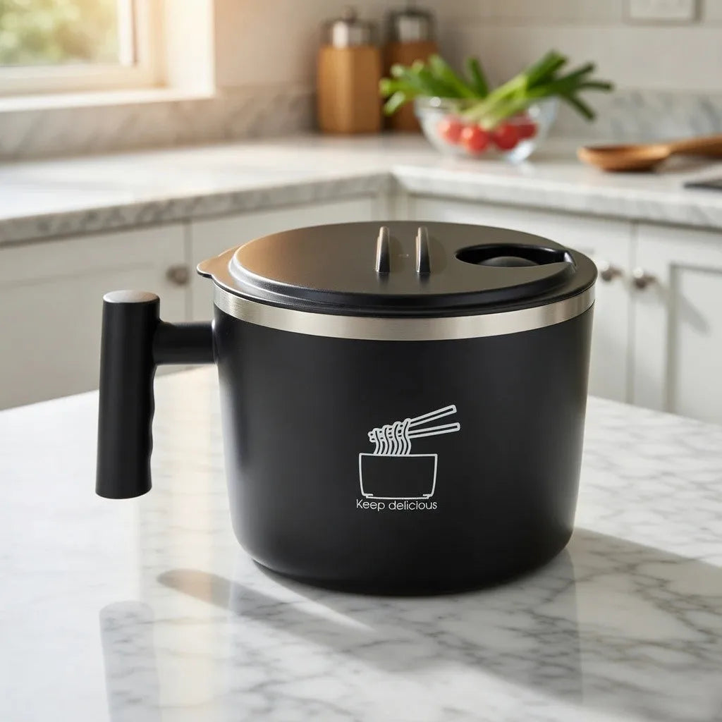 1000mL Stainless Steel Noodle Bowl with Lid – Portable & Drain Function