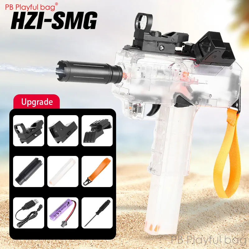 Toy gun with accessories on a sandy background, featuring the brand 'PB Playful bag'.