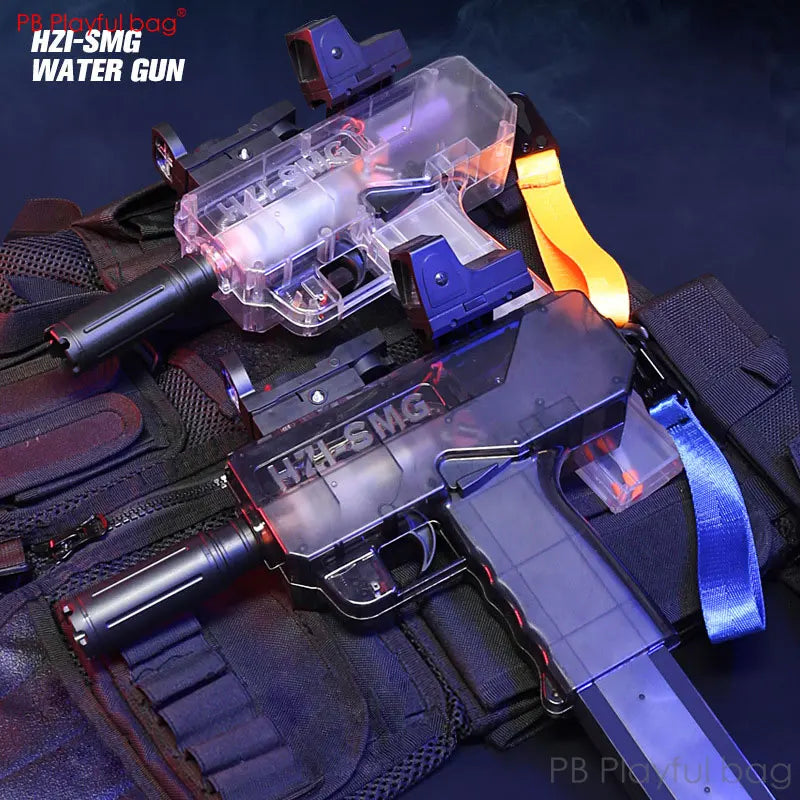 Toy water gun with visible branding on a dark background