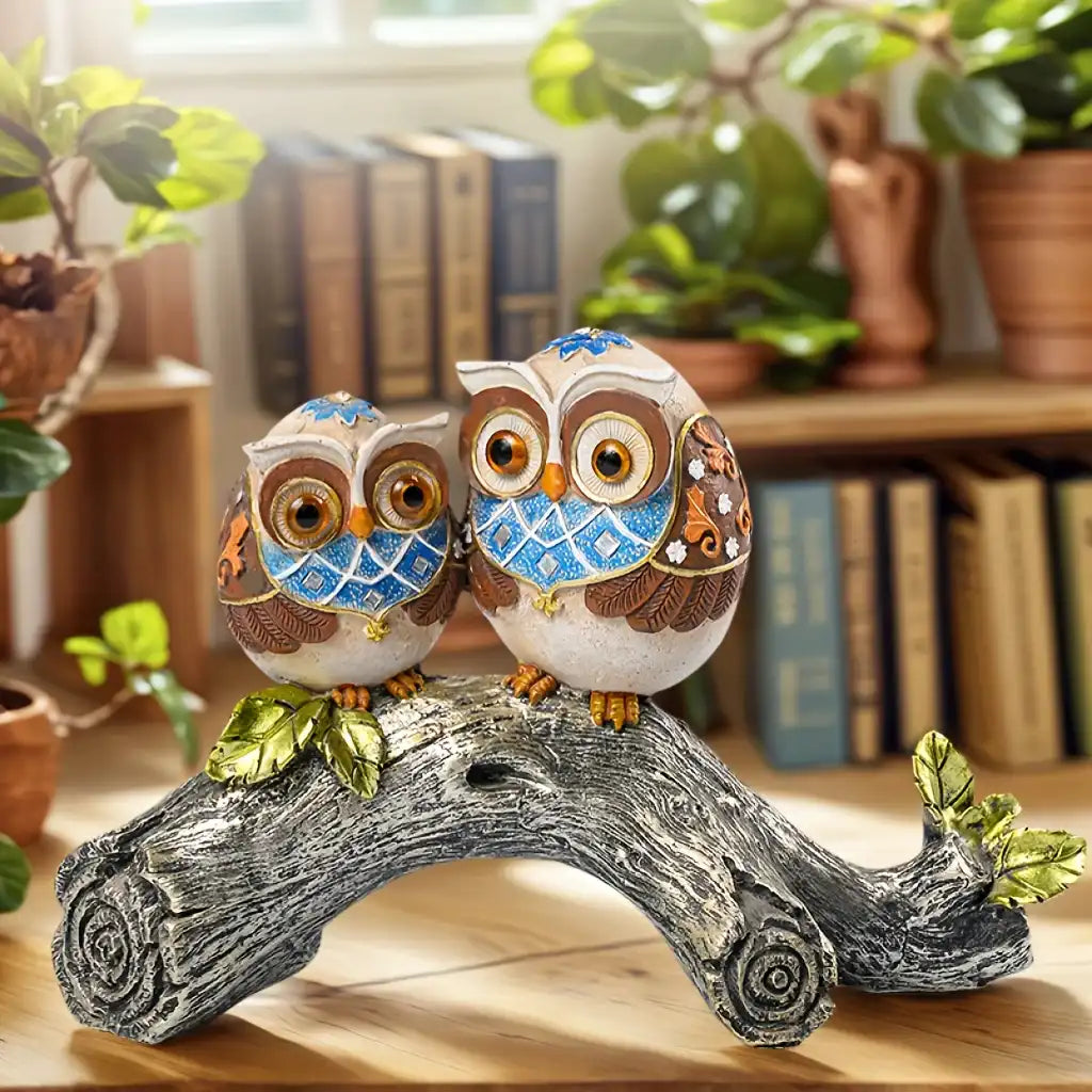 Two owl figurines on a branch with a blurred indoor background
