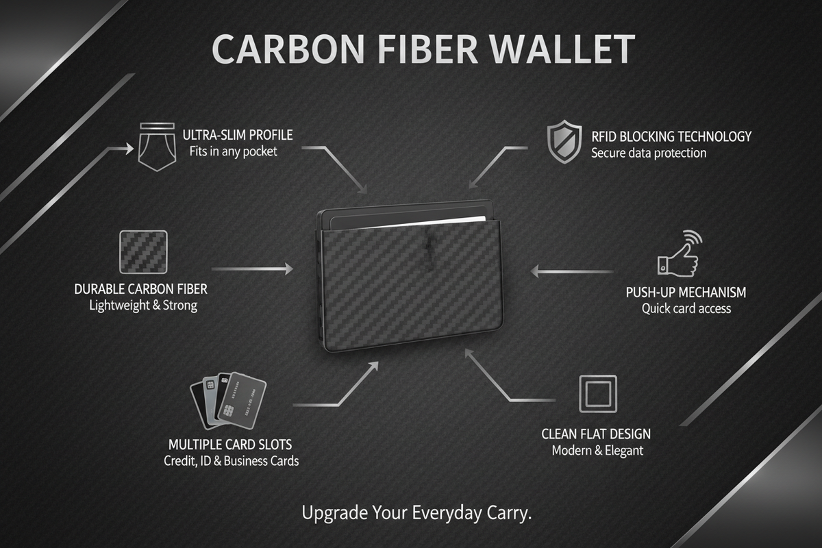 Infographic showing carbon fiber card holder features: ultra-slim profile, durable carbon fiber, multiple card slots, RFID blocking, push-up mechanism