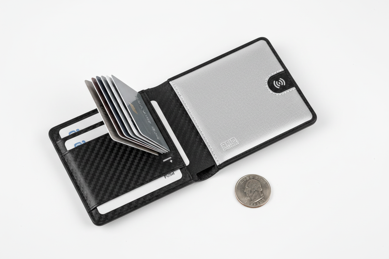 Carbon fiber credit card holder shown open and closed displaying push-up card mechanism, multiple slots, and ultra-slim profile