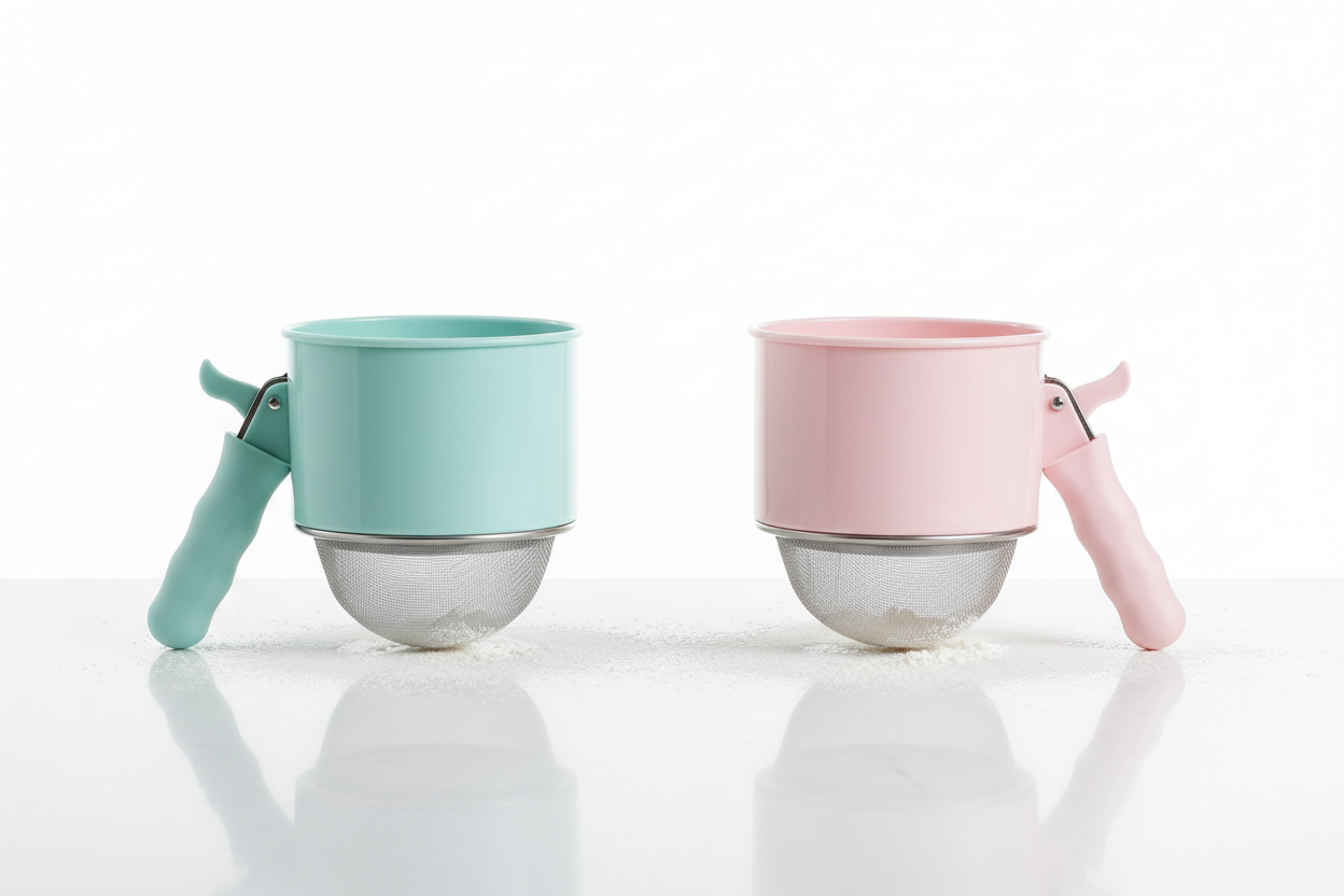 Ultra flour sifter in both teal and pink color variants shown side by side on a white kitchen counter with fine mesh sieve detail visible