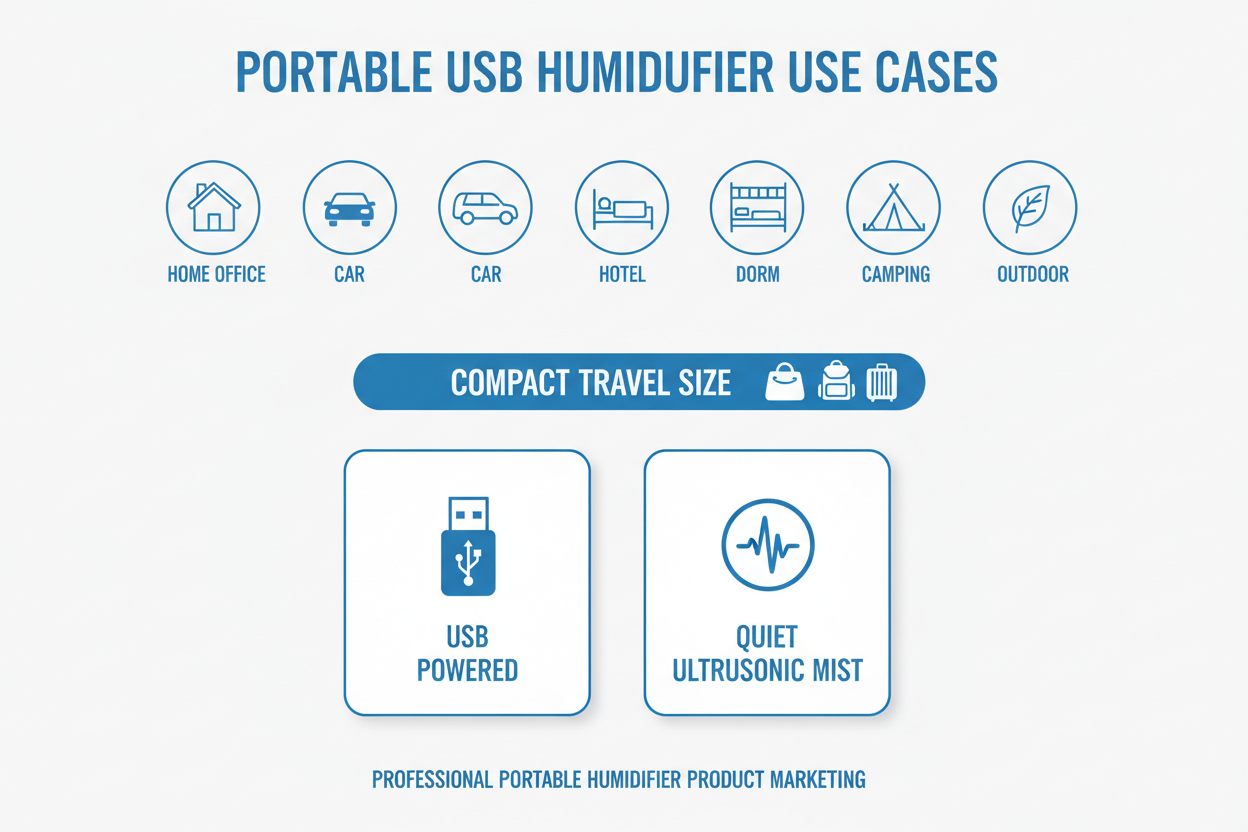 Use cases chart for portable USB humidifier showing home office car hotel dorm camping and outdoor settings with compact travel-friendly design