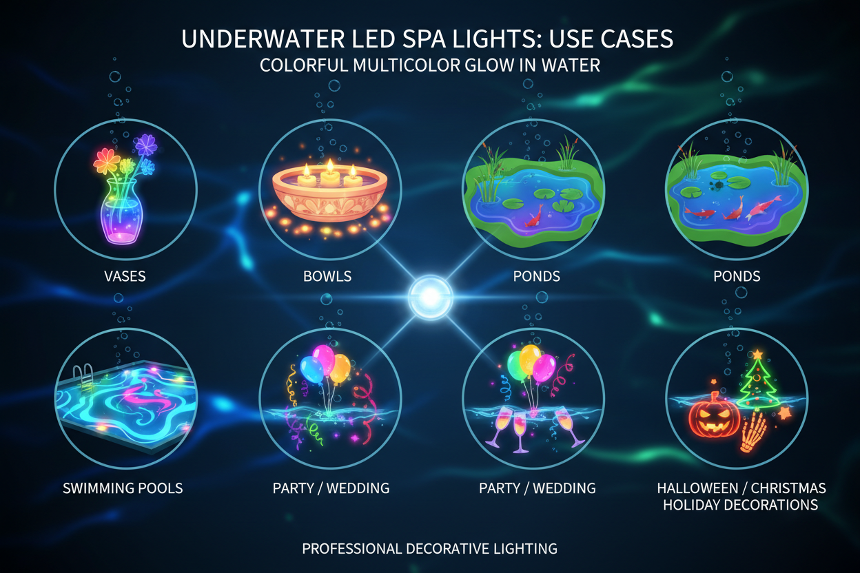 Use cases chart showing underwater LED spa lights in pools, vases, bowls, ponds, and party and holiday decorations