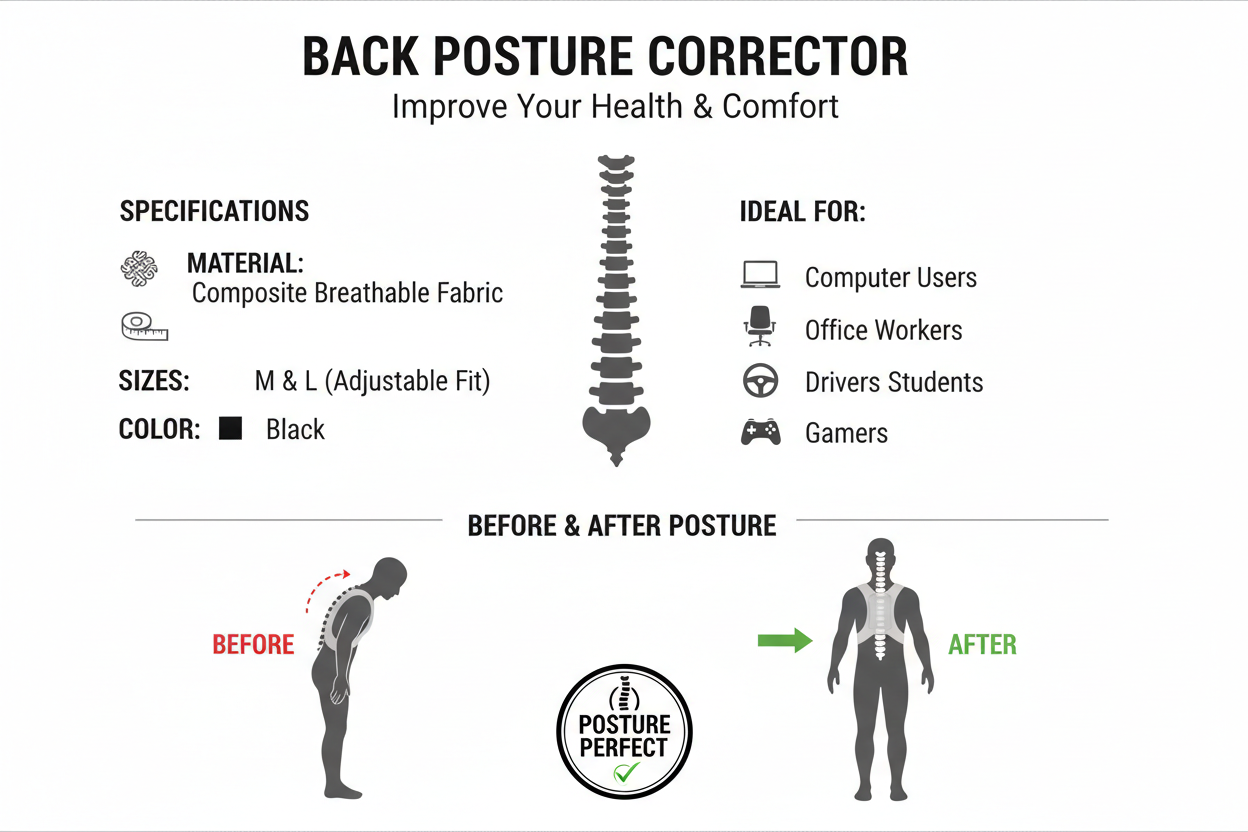 Specifications chart for adjustable back posture corrector showing sizes, material, color, and ideal user types