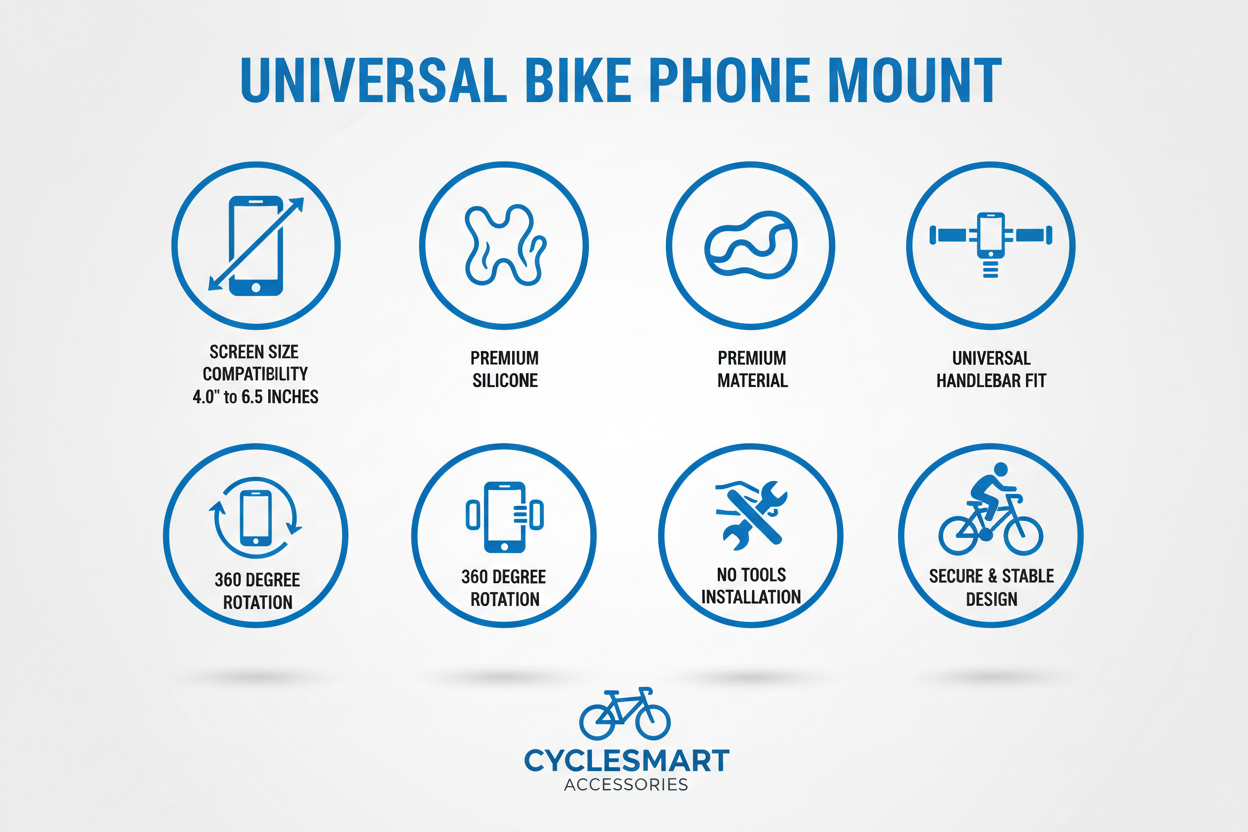 Specifications chart for universal bike phone mount showing screen size range, silicone material, handlebar compatibility, and rotation