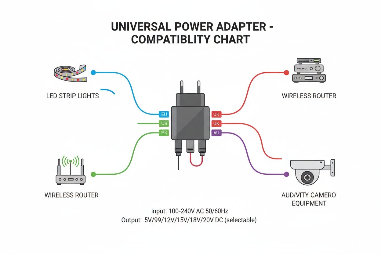 Compatibility chart showing universal power adapter connected to LED strips, routers, security cameras, and audio/video equipment