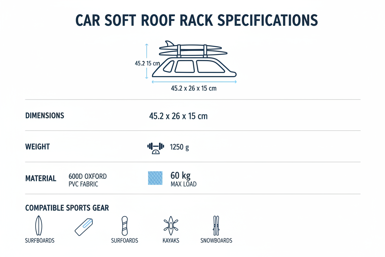 Specifications chart for car soft roof rack showing dimensions, weight, load capacity, material, and compatible sports gear