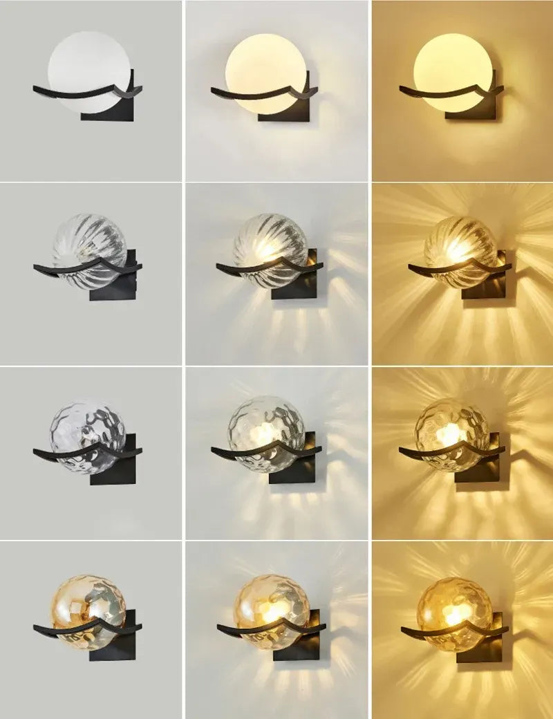 Wall sconce with glass shade in various lighting conditions