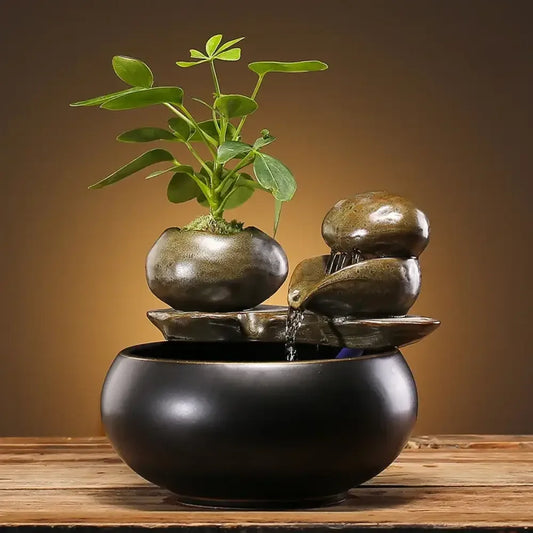 Ceramic Zen Cat Water Fountain Silent Desktop Waterfall & Landscape Pet Drinker Lead-Free - B / USB
