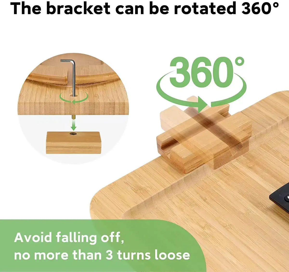 Wooden cutting board with a bracket that can be rotated 360 degrees, showing its stability.
