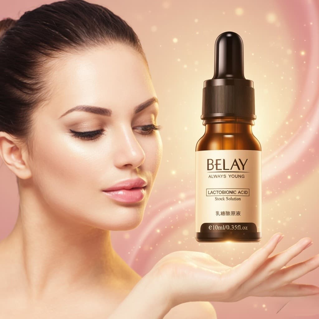 Woman holding a bottle of BELAY skincare serum with a soft, blurred background