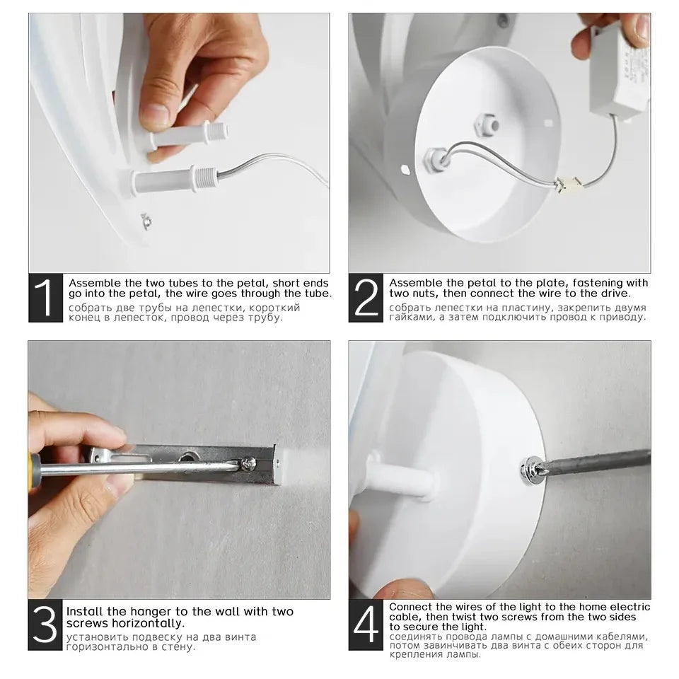 Step-by-step assembly instructions for a light fixture with text in multiple languages.
