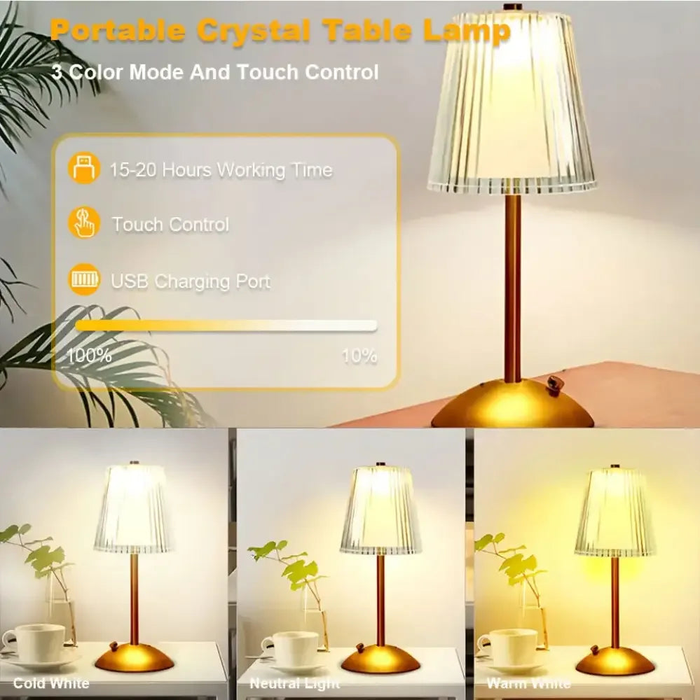 Alloy Touch Sensor LED Table Lamp Rechargeable, 3 Colors Dimmable Bedside & Bar Light - Golden