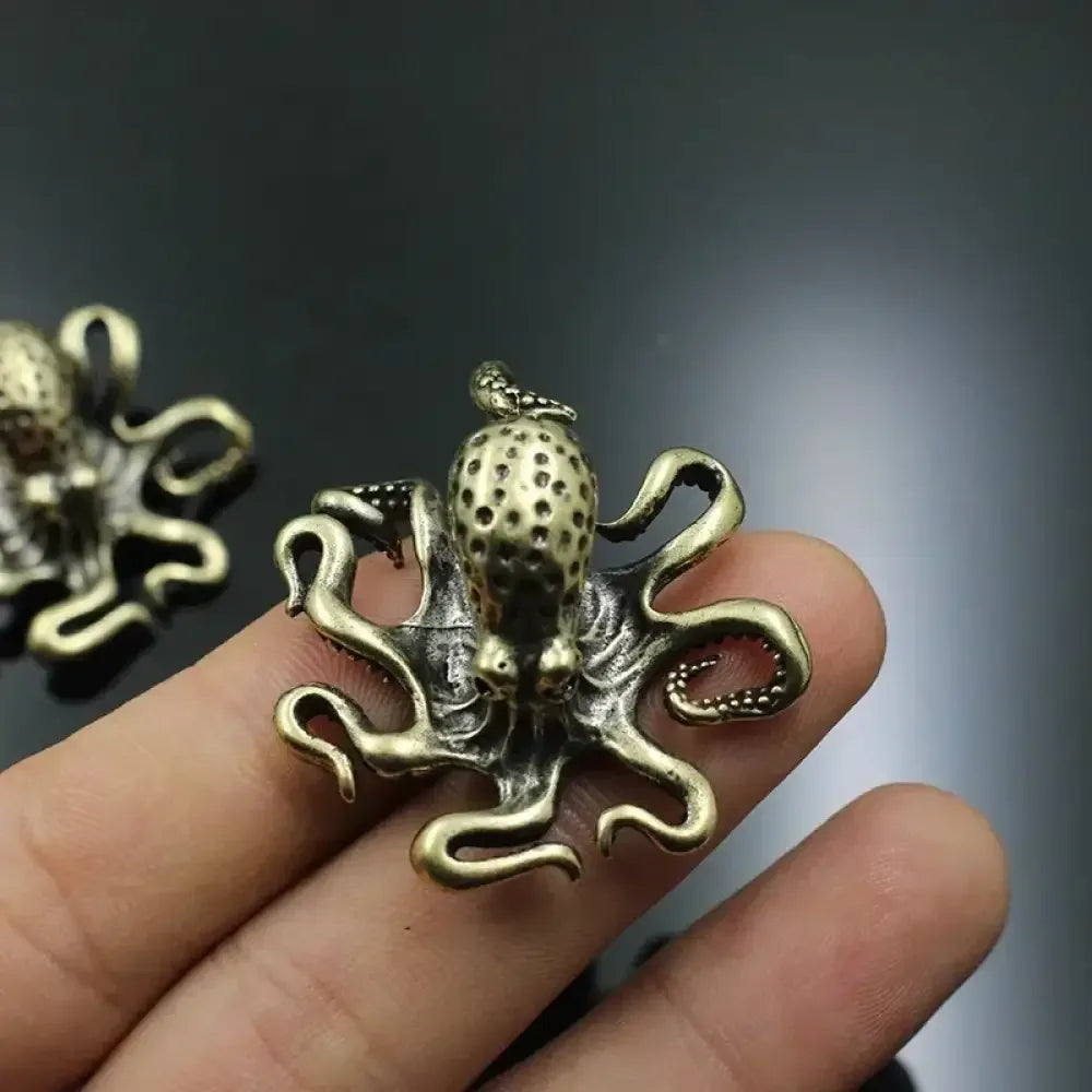Antique Brass Octopus Figurine Solid Copper Miniature Desk Decor & Tea Pet -