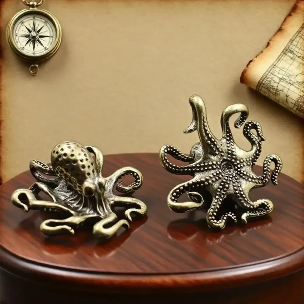 Antique Brass Octopus Figurine Solid Copper Miniature Desk Decor & Tea Pet -