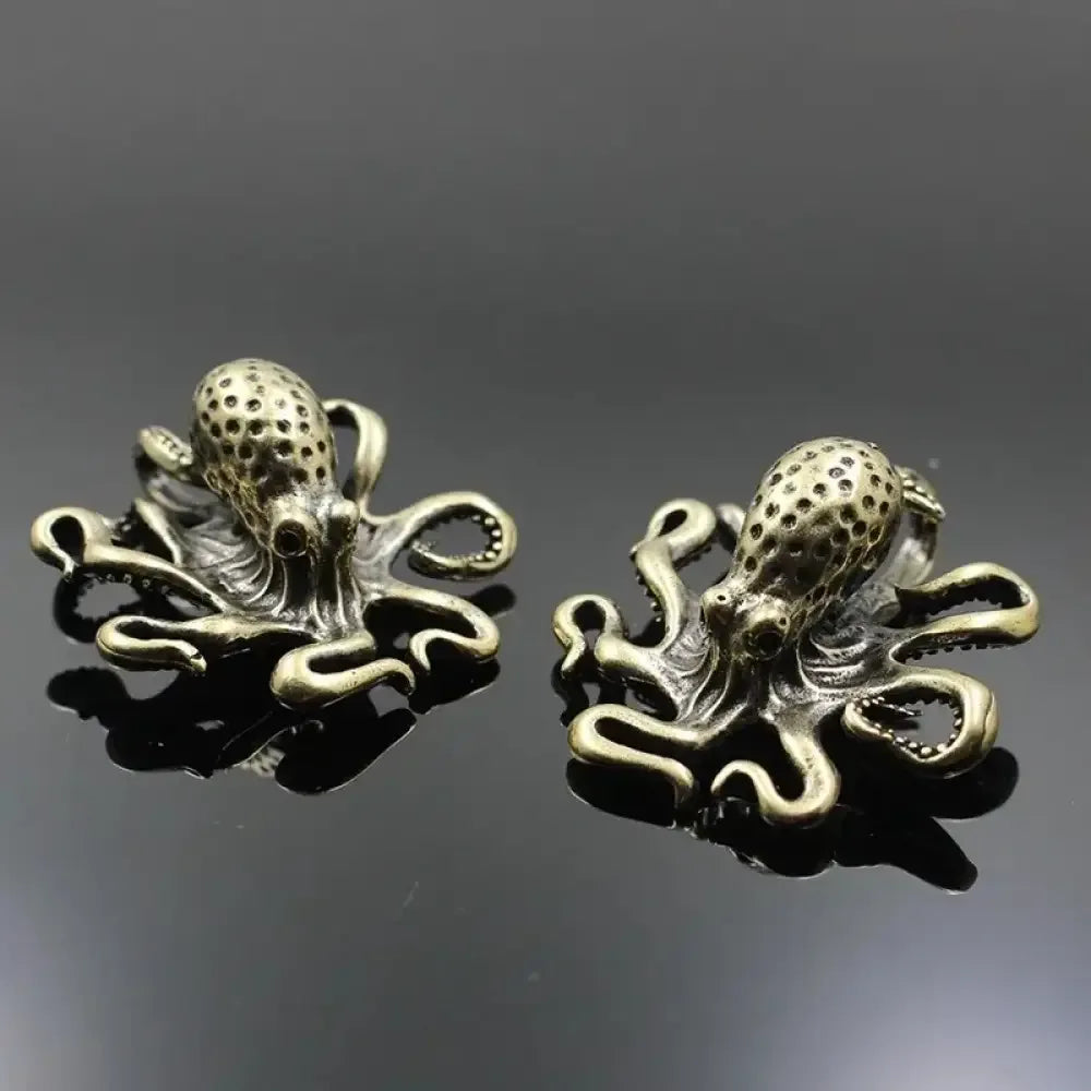 Antique Brass Octopus Figurine Solid Copper Miniature Desk Decor & Tea Pet -