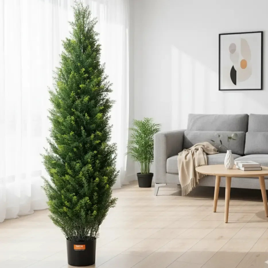 Artificial Cedar Topiary Tree | Evergreen Fake Pine Cypress Set for Home & Outdoor - 36 inch