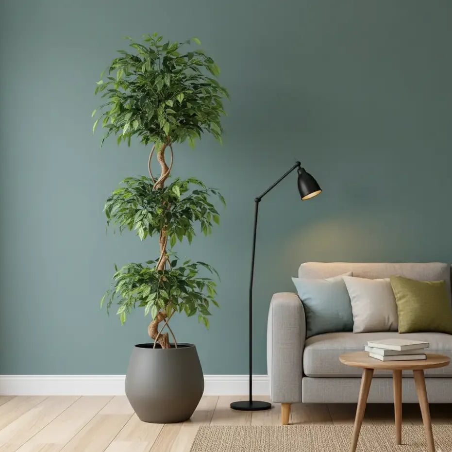 Artificial Ficus Tree Silk Leaves, Vine-Wrapped Trunk -
