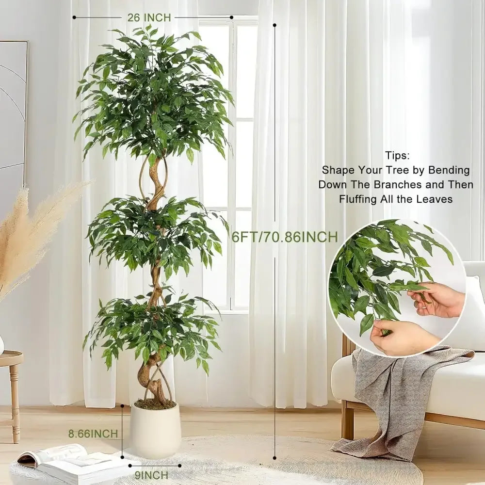 Artificial Ficus Tree Silk Leaves, Vine-Wrapped Trunk -